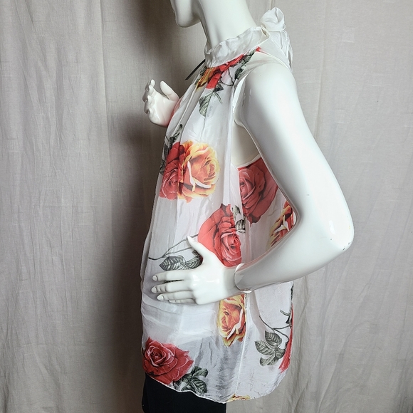 M Made in Italy Women's Silk Floral Roses Sheer Tie Back Sleeveless Blouse - Picture 10 of 14